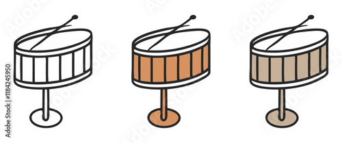 Drum Icon Set – Traditional Drum with Sticks in Three Colors