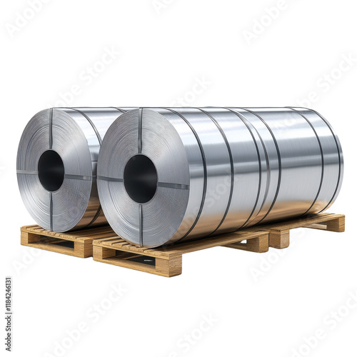 Rolls of metallic steel coils stacked on wooden pallets, showcasing industrial materials in a warehouse setting.
