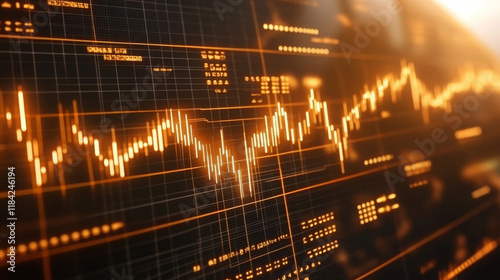 conceptual image of financial data displayed on digital screen, showcasing market trends and fluctuations. vibrant orange lines represent stock movements and trading activity