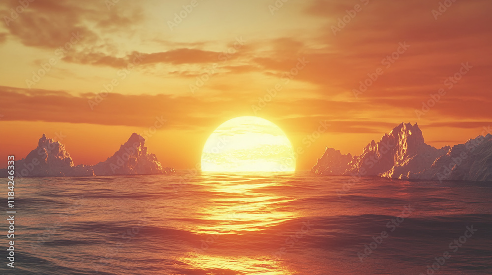 Naklejka premium Golden sunset over ocean waves with dramatic sky and distant icebergs
