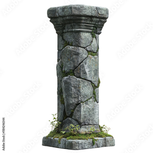 Weathered stone pillar covered in moss and small plants, showcasing natural aging and erosion on a white isolated background.