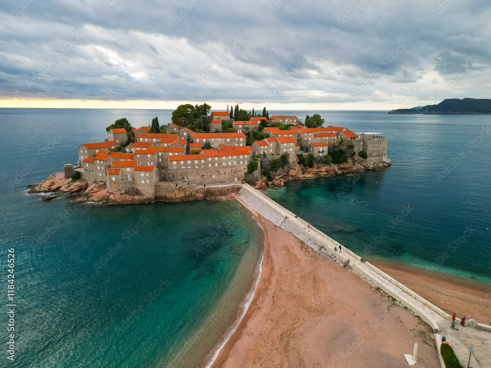 Sveti Stefan island in the Adriatic - aerial drone view Montenegro Sveti Stefan island in the Adriatic - aerial drone view Montenegro