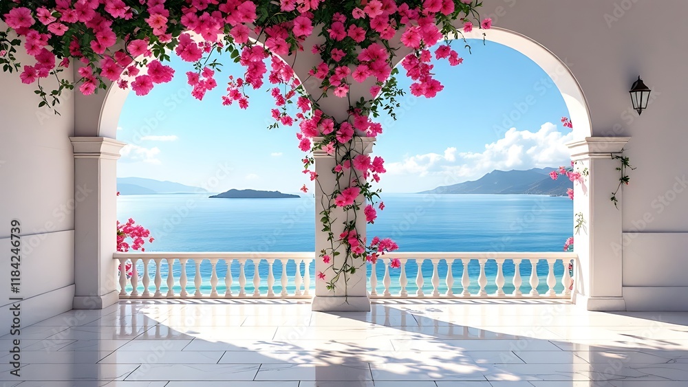 Fototapeta premium The scenic view through an arch adorned with flowers leading to the sea with copy space image