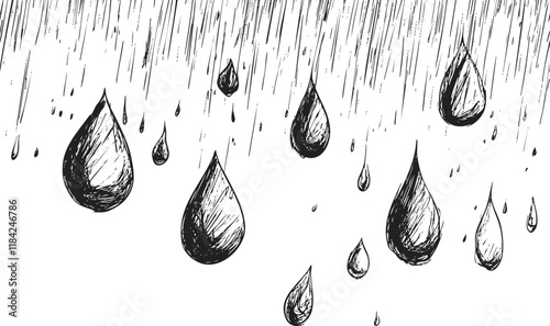Hand-drawn raindrops in a black and white sketch style illustration.