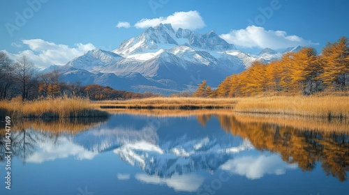 Majestic mountain mirrored in still lake, autumn colors ablaze.