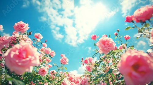 Fototapeta Naklejka Na Ścianę i Meble -  extreme low angle of a pink rose field bg blue sky 