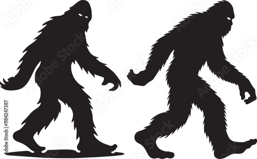 Walking Bigfoot Silhouette Vector Art. Bigfoot yeti silhouette set, isolated white background