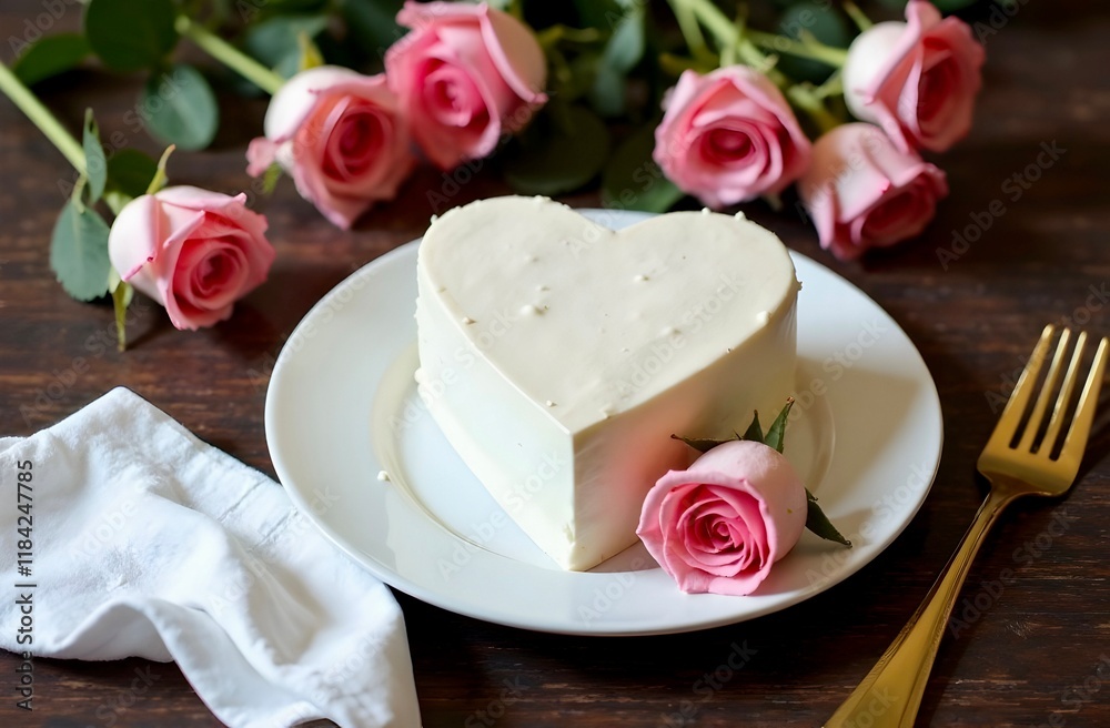 Close-up of white heart-shaped cake on white dish on table surrounded by delicate bouquet of roses and golden fork in cosy cafe. Top view. Valentine's Day. Close-up of white heart-shaped cake on white dish on table surrounded by delicate bouquet of roses and golden fork in cosy cafe. Top view. Valentine's Day.