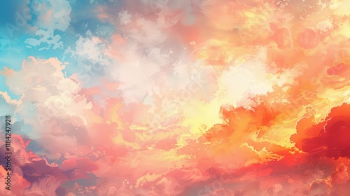 Sky with beautiful sunset light. Fantasy sky anime art style wallpaper background. Cloudy day in anime theme. Digital art style. Illustration painting. . photo