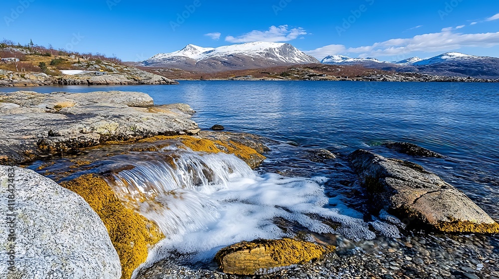 Fototapeta premium Scenic Mountain Lake Waterfall Rocks Landscape