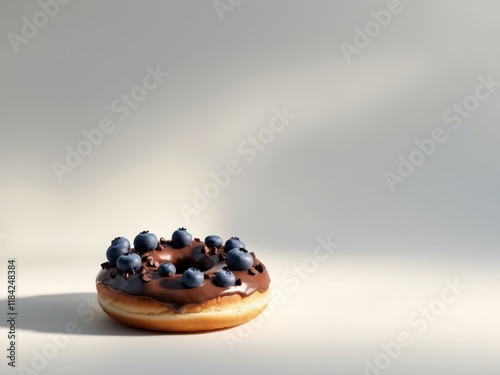 Chocolate glazed donut topped with blueberries and chocolate chips photo