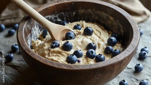 A large wooden mixing bowl with a rustic feel, containing thick batter and whole blueberries, with a wooden spoon mid-mix. The scene is enhanced with fresh blueberries scattered on a stone countertop.