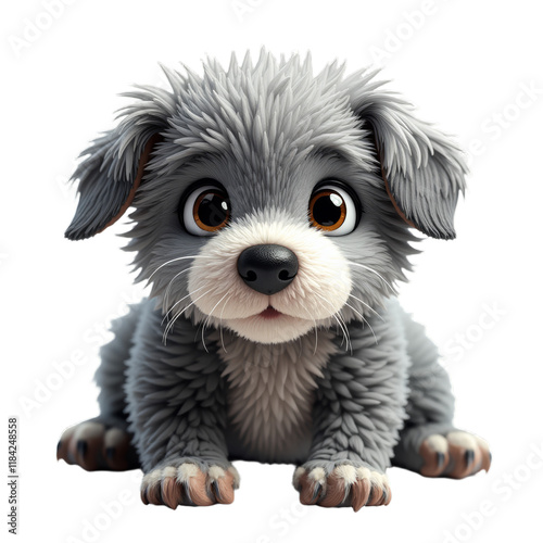 A cute, fluffy puppy with big brown eyes and a wagging tail photo