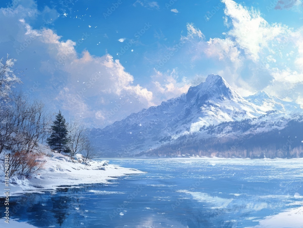 Fototapeta premium Serene Winter Landscape Featuring Snowy Mountains and Frozen Lake