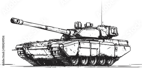 Detailed sketch of a modern tank in black and white illustration.