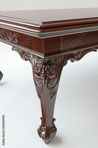 Exquisite detail of a handcrafted mahogany coffee table leg, showcasing intricate carvings and a polished finish. Ideal for interior design, furniture, and luxury lifestyle projects.