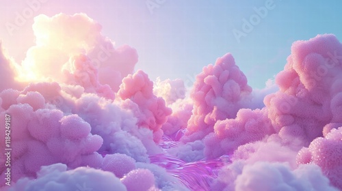 Cotton candy mountains with glowing streams and sugar clouds photo