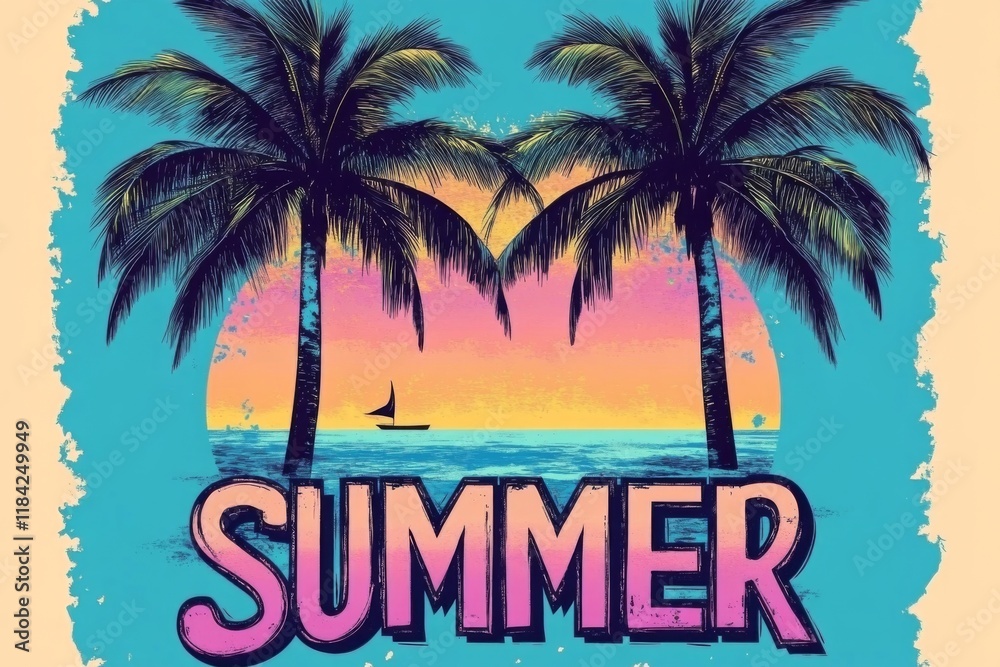 Naklejka premium Retro 80s aesthetic showcasing summer vibes with pastel colors.