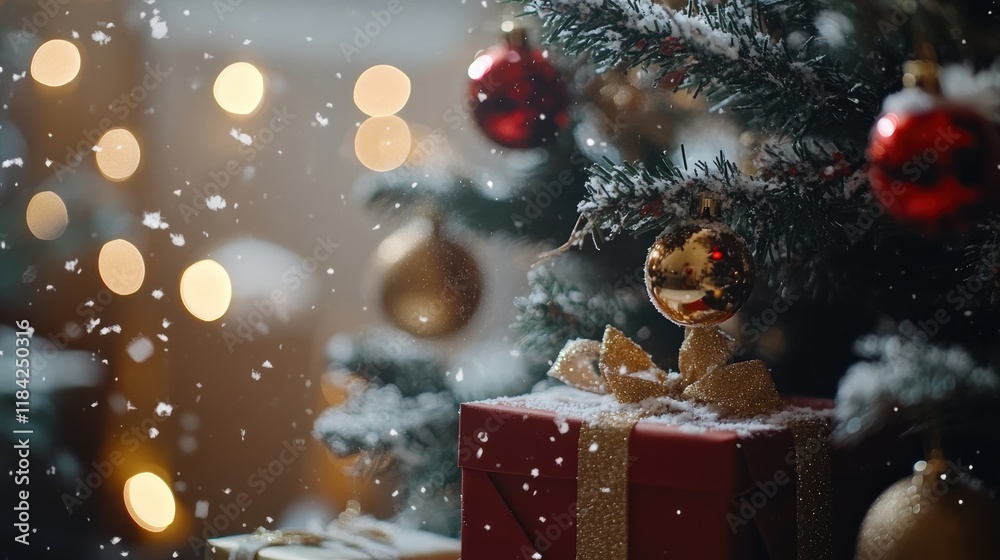 Obraz premium Snowy christmas tree with red and gold ornaments and gift boxes