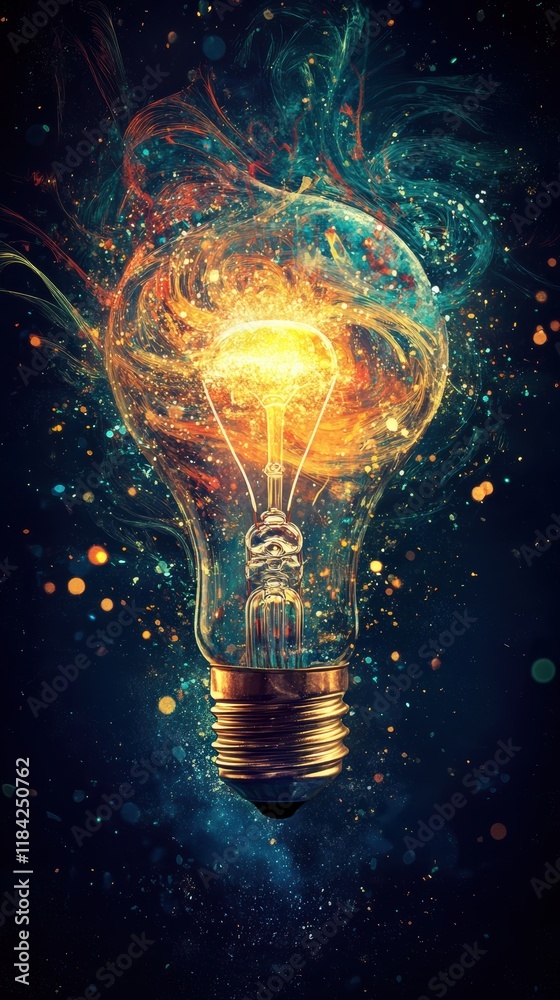 Surreal lightbulb burst with rainbow paint and light trails Surreal lightbulb burst with rainbow paint and light trails