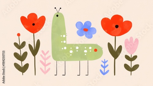 Larva watercolor concept. Whimsical Floral Encounter with a Curious Caterpillar Climbing the Stem