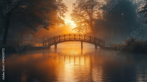 Misty Sunrise: Golden light paints a tranquil bridge and calm water, nature's serene masterpiece.