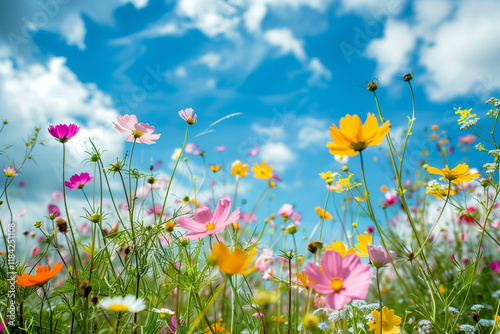 A field of wildflowers in full bloom, with each flower standing tall under a bright blue sky.