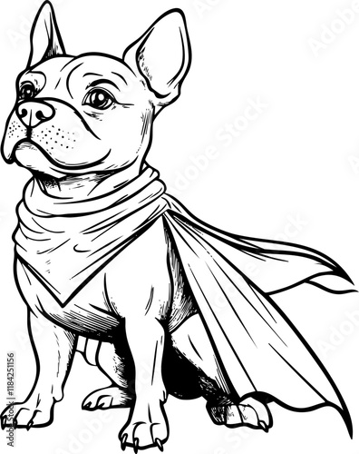 Line art of a cartoon dog wearing a superhero cape and bandana.
