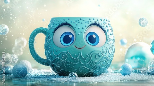 A lively animated tea mug with big blue eyes and a giggling expression, crafted in a bold turquoise color with wave-like patterns circling its body. 