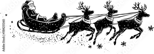 Vintage black and white illustration of Santa in sleigh with reindeer.