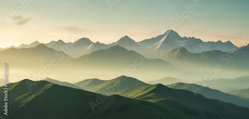 An abstract light green background with a blurred mountain range at sunrise for inspirational photography , abstract background, mountain landscape, outdoor scene