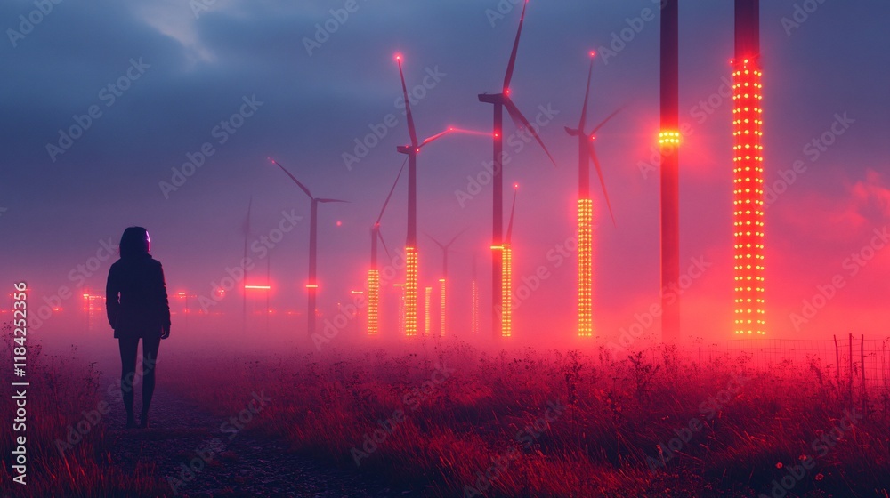 A futuristic AI-powered wind turbine farm glowing softly at dusk A futuristic AI-powered wind turbine farm glowing softly at dusk