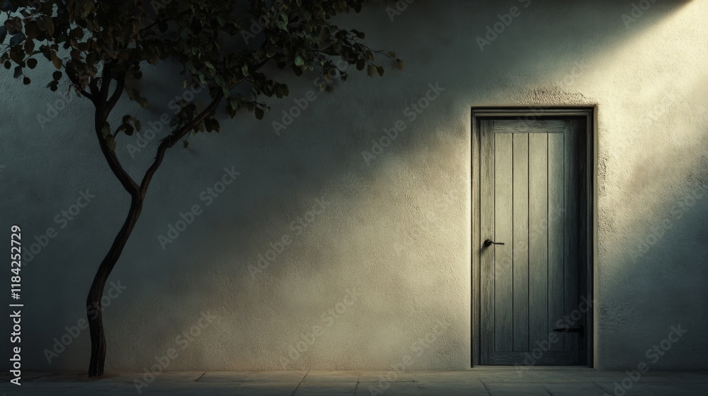 A solitary tree stands beside a simple door on a muted wall, bathed in a single ray of light. A solitary tree stands beside a simple door on a muted wall, bathed in a single ray of light.