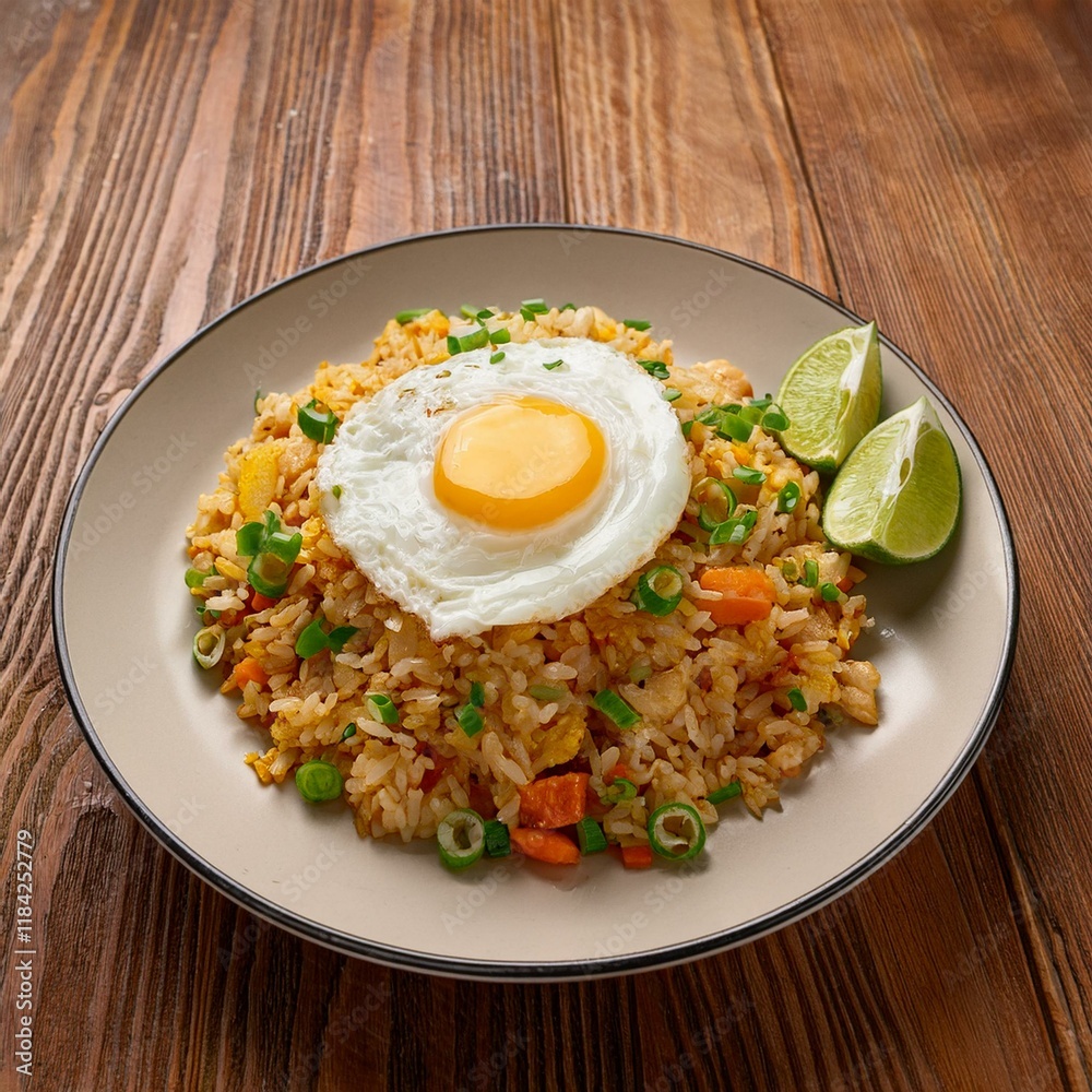 Plate of golden fried rice garnished with green onions, diced vegetables, and a sunny-side-up egg, served with a slice of lime on a wooden table Plate of golden fried rice garnished with green onions, diced vegetables, and a sunny-side-up egg, served with a slice of lime on a wooden table