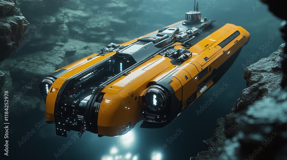 A sleek AI-controlled robotic submarine exploring deep ocean trenches A sleek AI-controlled robotic submarine exploring deep ocean trenches