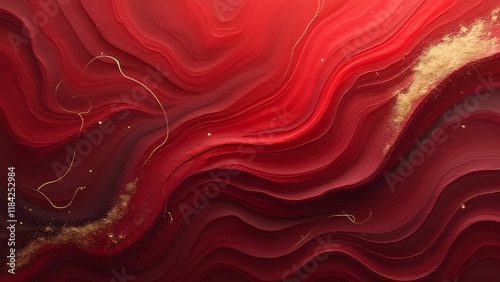 Dynamic Red Abstract Background, Swirling Crimson and Garnet Textures with Gold Geometric Accents photo