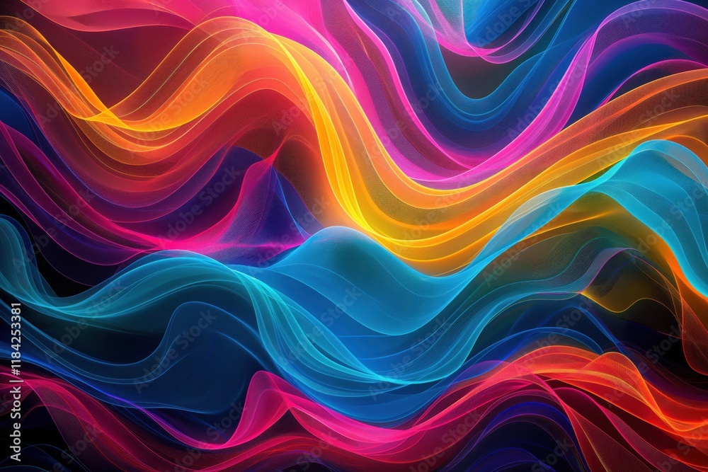 Fototapeta premium A vibrant abstract background featuring flowing waves in shades of pink, orange, blue, and purple.