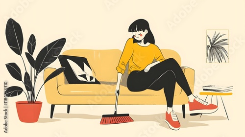 A flat vector illustration of an attractive woman mopping the floor in her living room, simple design