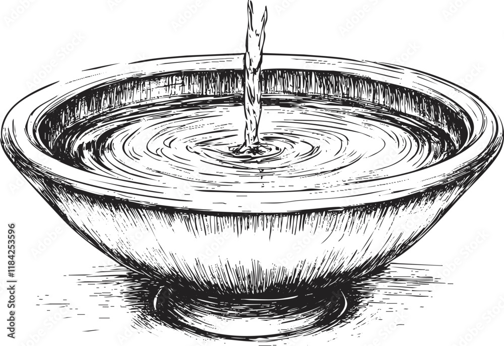Black and white sketch of a water fountain in a bowl.