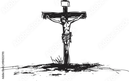 Black and white illustration of the crucifixion of Jesus Christ.
