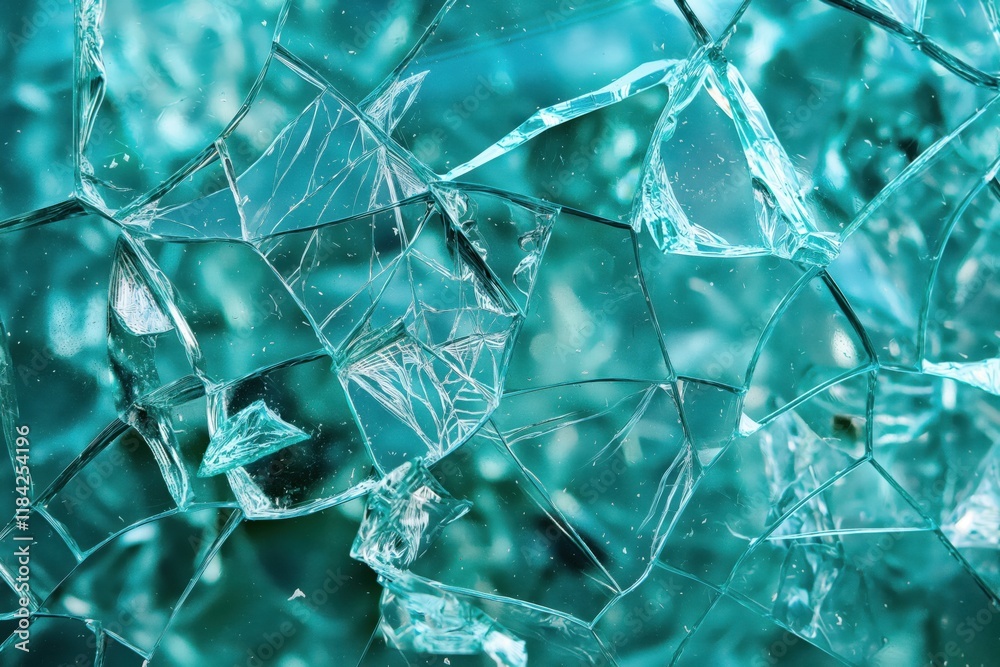 A close-up view of shattered glass pieces with a turquoise tint. A close-up view of shattered glass pieces with a turquoise tint.