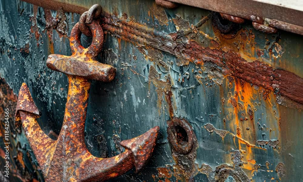 Rusty anchor on weathered ship's side with flaking paint