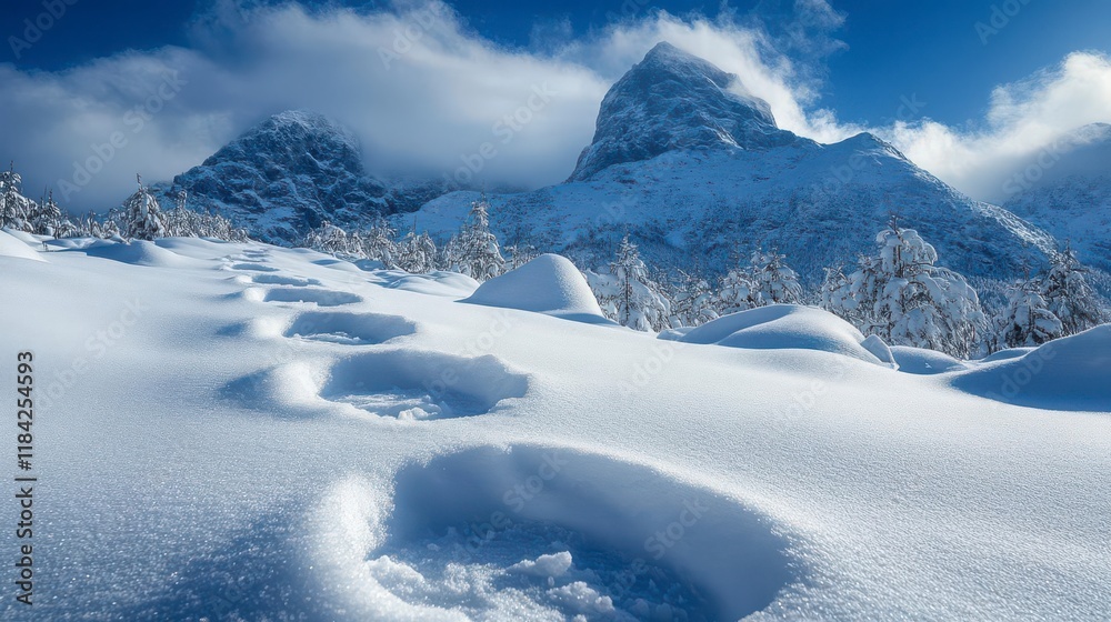 Obraz premium Footprints in the Snow: A Serene Winter Hike to Majestic Mountains.