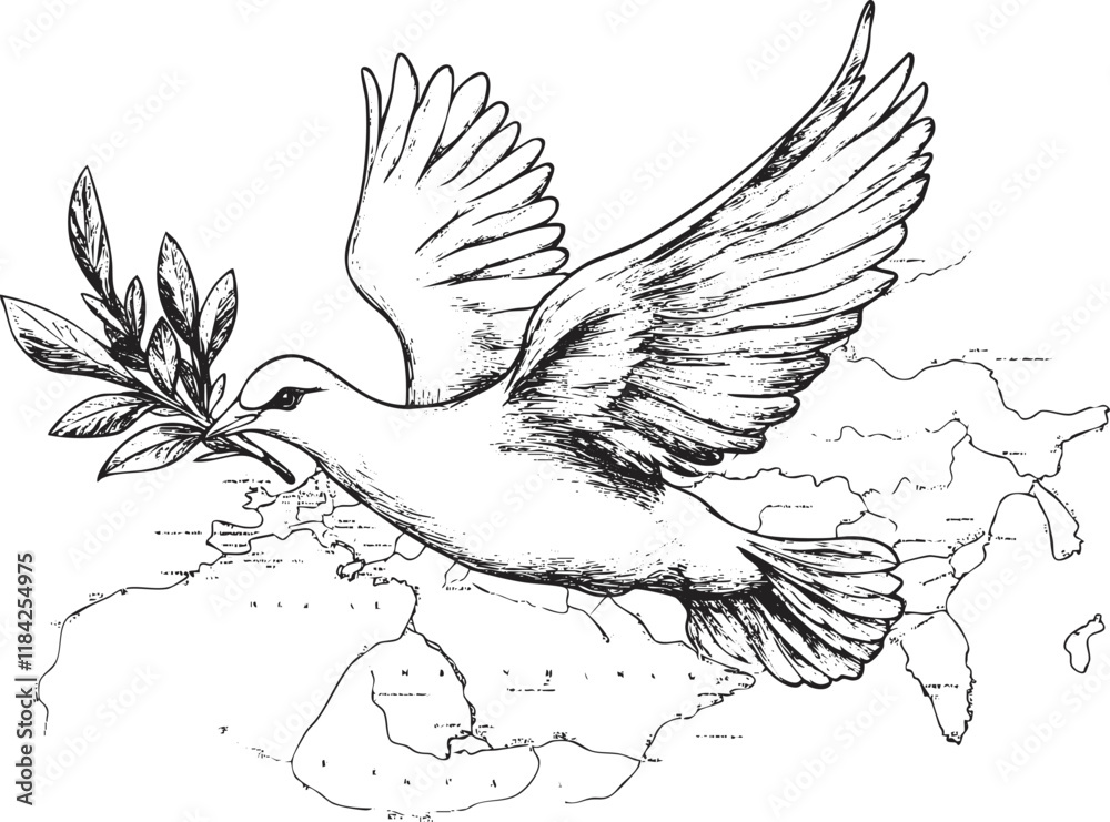 Obraz premium Illustration of a dove carrying an olive branch over a map outline.