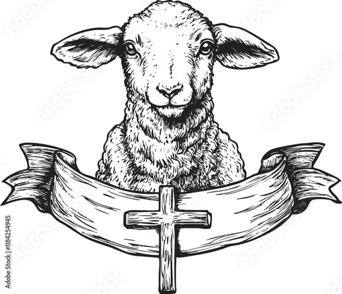 Illustration of a lamb with a cross, symbolizing religious themes.