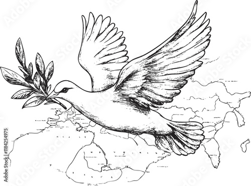 Illustration of a dove carrying an olive branch over a map outline.