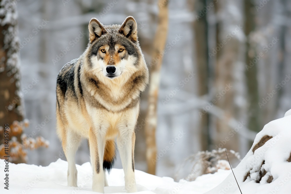 Fototapeta premium A gray wolf standing majestically in a snowy forest setting.