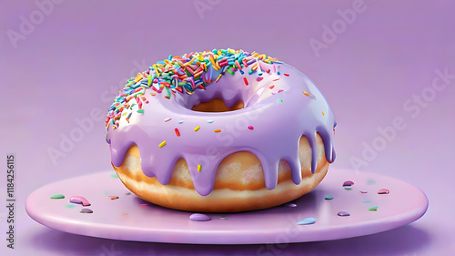 A frosted donut with rainbow sprinkles, placed on a pastel lavender background. The glaze shines under bright studio lights, ultra-detailed textures