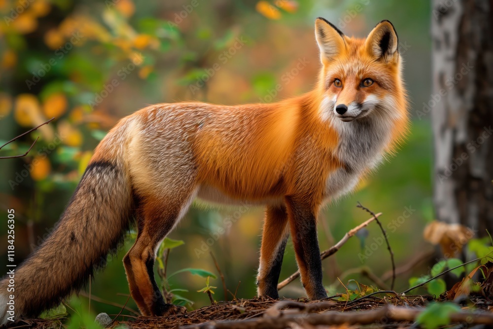 Naklejka premium A beautiful red fox standing in a forest with autumn foliage.