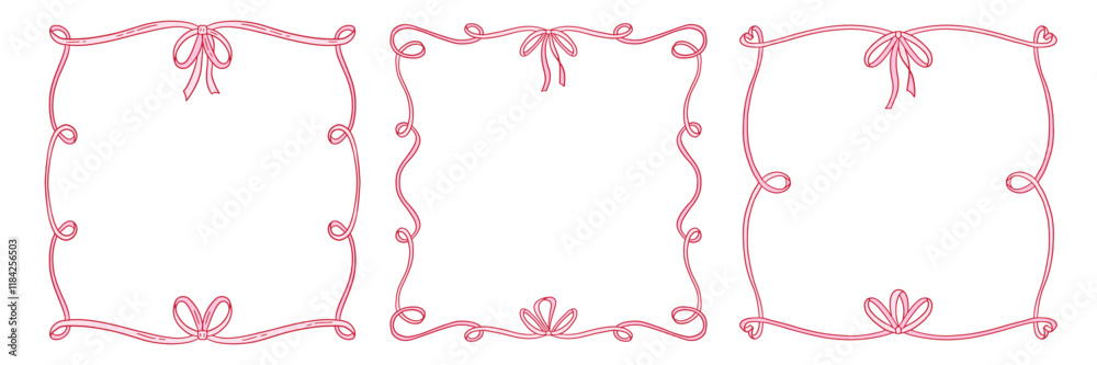 Coquettish girly decorative frames set featuring a ribbon bow design with flowing hand drawn contours. Vector flat illustration for invitations, cards, and artistic projects Coquettish girly decorative frames set featuring a ribbon bow design with flowing hand drawn contours. Vector flat illustration for invitations, cards, and artistic projects